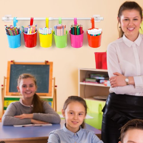 Fullhawl 6 Pcs Pencil Holder Crayon Organizer for Classroom Metal Iron Wall Crayon Organizer Hanging Art Storage Buckets with Retractable Pole Bucket Planter for Classroom Back to School Supplies