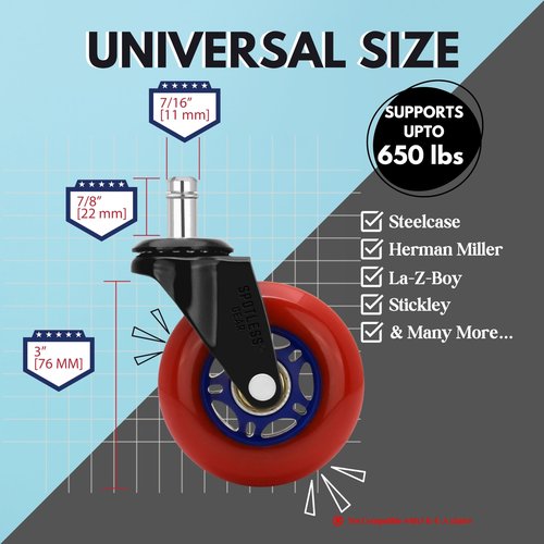 SPOTLESS GEAR Roller blade Office Chair Wheels for Gaming Chair, 3 inch Replacement Rubber Casters for Hardwood Floors & Carpet, Ultra Smooth & Quiet Heavy Duty Desk Chair Wheels, Set of 5 (Red Blaze)