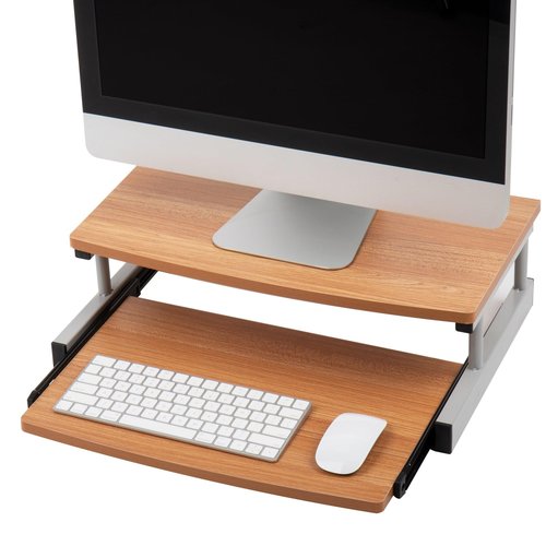 Mind Reader Monitor Stand, Sliding Keyboard Drawer, Laptop, Riser, Office, Wood/Metal, 20" L x 14.75" W x 5.9" H, Brown, Silver