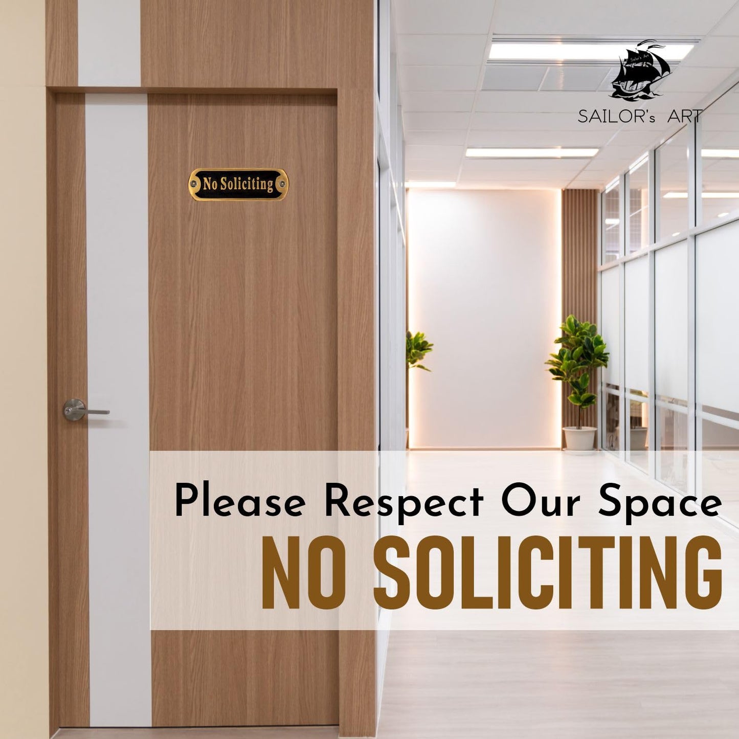5" No Soliciting Sign for House Front Door, Premium Solid Brass Wall Plaque No Soliciting Home Decor Door Accessories, Modern No Soliciting Business Signage