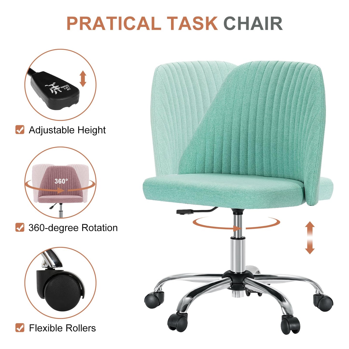 DUMOS Office Chair, Comfy Desk Chair Rolling Vanity Swivel Task Chairs with Wheels, Wide Seating Armless Height Adjustable Computer Chairs for Home,Bedroom,Student,Adults, Green