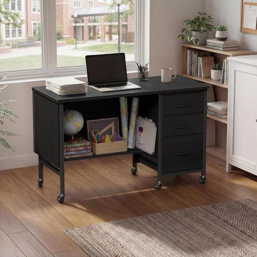 Regine Switzerland Rolling Teacher Desk - Mobile 47" Computer Desk with File Drawer & Privacy Panel | Modern Black Office Furniture