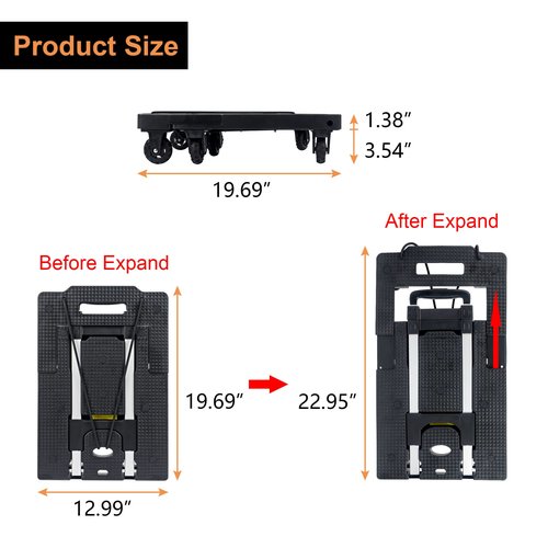 Dolly Cart Portable Hand Truck Lightweight Hand Cart Compact Utility Cart with Heavy Duty Wheels Solid Construction Adjustable Handle for Personal, Moving, Travel and Shopping Use (7 Wheels)
