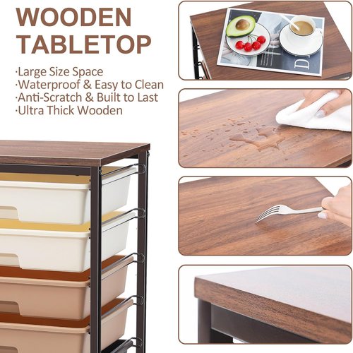 **SYKIARIOL Rolling Storage Cart - Versatile Drawer Cart with Wooden Tabletop | Brown Gradient Finish**