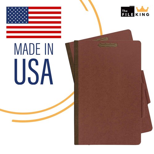 The File King Two Divider Legal Size Pressboard Classification File Folder - Brick Red | Made in America | Box of 10 | Top Tab | 2” Expansion | Durable 2-Inch Fastener Prongs