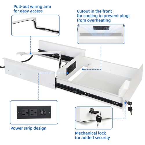 Lumil Under Desk Mounted Drawer Lockable with Charging Station Power Strip and Foldable Cable Management Arm for Office Desk 15.7" (W) x 15.7" (D) x 4.4" (H), White