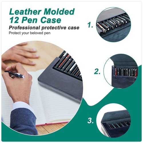 CataPurus Top Grain Genuine Leather 12 Pen/Pencil Tray Case Organizer, Solid Fashion Design No Logo, Handmade, Magnetic Closure with Drawer, Gift Choice for Man/Woman/Office, Glossy Black, 12 Slots