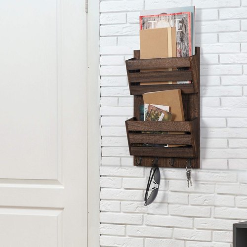 Mail Holder for Wall, Wooden Mail Sorter with 4 Key Hooks, 2 Slot Wall Mounted Mail Sorter Letter Bills Newspaper Magazine Organizer for Entryroom Hallway Office Garage, Rustic Brown
