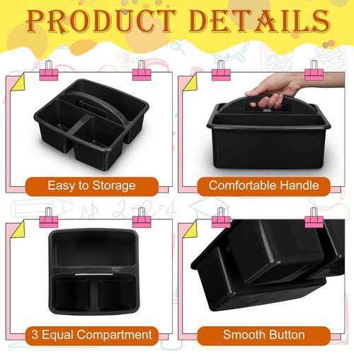 Geelin 24 Pack Classroom Caddy Bulk, Black Plastic Caddy Organizer with Handle 3-compartment Stackable Portable Storage Bins for School Office Supplies
