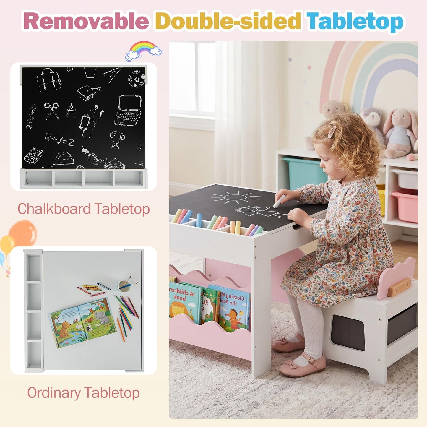 Costzon Kids Table and Chairs, Wooden 4-in-1 Activity Desk Set w/Double-Sided Tabletop, Chalkboard, Bookshelves, Small Compartments & Fabric Drawers, Children Furniture Set for Art & Crafts (Pink)