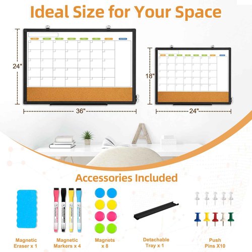 Dry Erase Calendar Whiteboard for Wall, WALGLASS 36" x 24" Double-Sided Monthly Calendar White Board Cork Combo, Black Aluminum Frame Hanging Wall Mounted Bulletin Corkboards for Home, Office, School