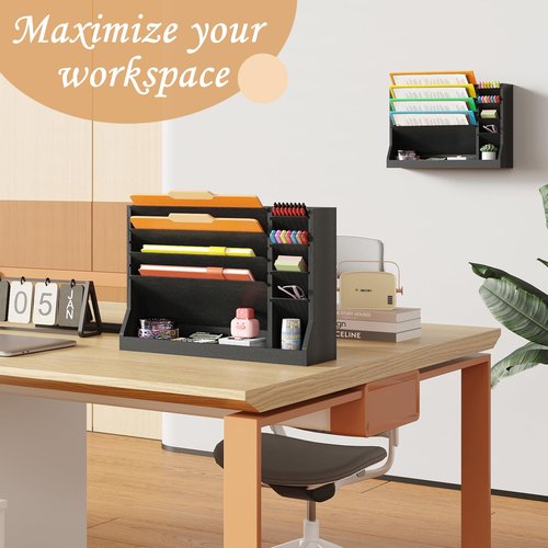 Dmticoasis 4-Tier Wall File Organizer with Pencil Holder & Bottom Tray – Hanging Mail Holder for Office, Countertop/Desk Storage for Home Office Supplies, Black