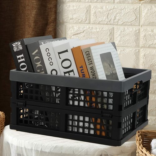 DynkoNA 3 Packs Folding Plastic Storage Basket, 15 L Black Stacking Collapsible Crate