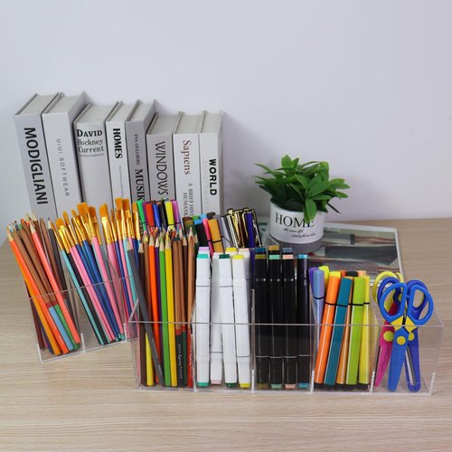 Flytreal Acrylic Pen Holder for Desk, 6 Compartments Clear Pencil Marker Makeup Brush Stationery Organizer for Art Supplies, Desk Accessories, Office Supplies, Vanity, Bathroom, Kitchen