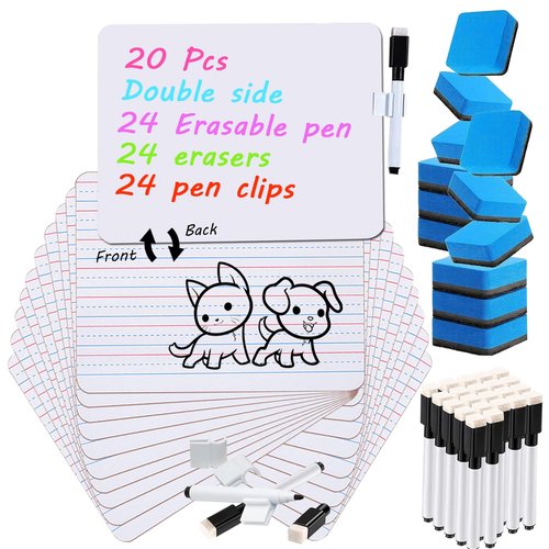 20 Pcs 9"x12" Double Sided Dry Erase Boards, Small Whiteboards with Lines for Students Classroom Teachers School Supplies Office with 24Pens 24 Erasers 24 Pen Clips