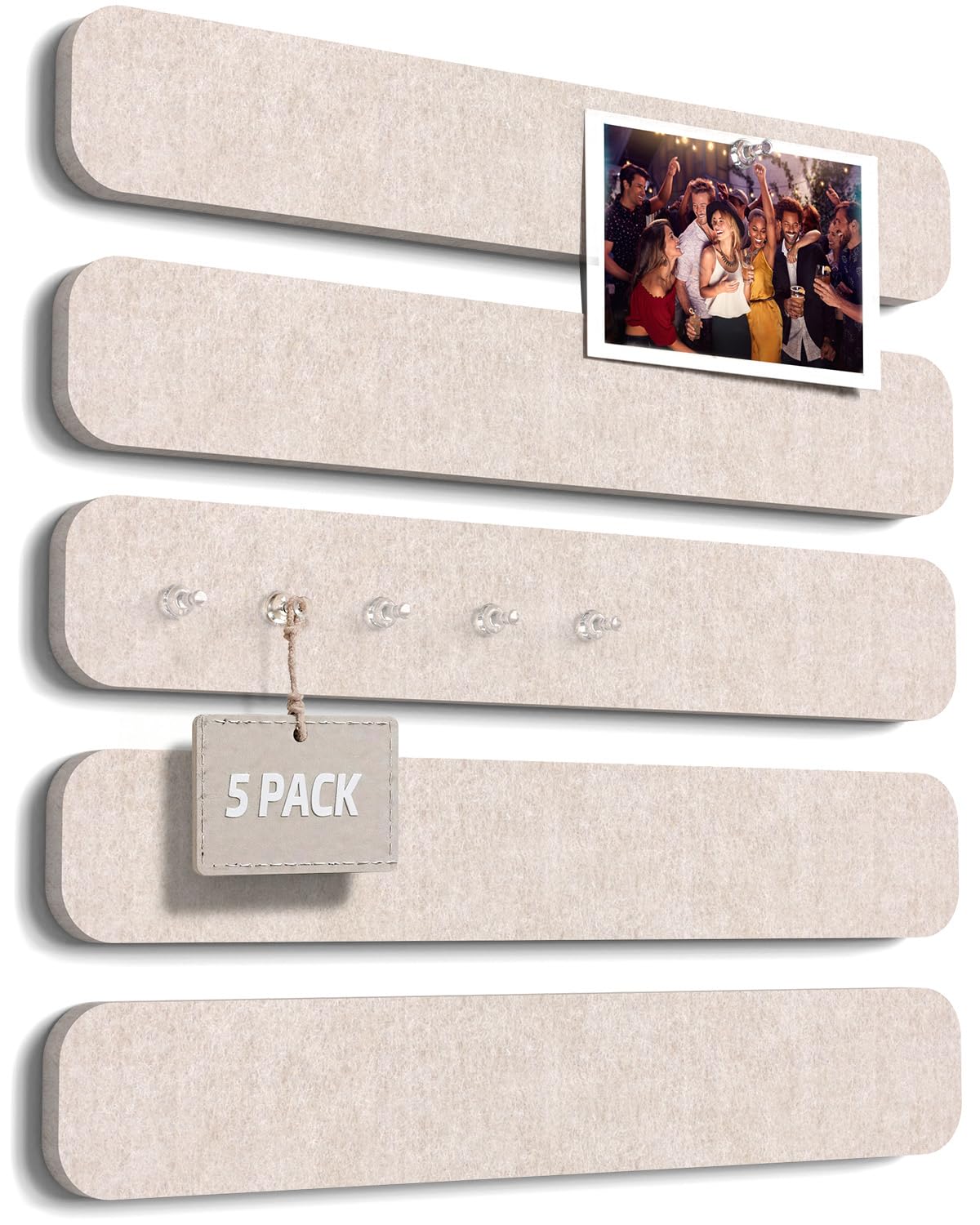 JBER Felt Strip Board 5 Pack 13"x2", Cork Board Alternative Pin Bulletin Board, Self-Adhesive Vision Board with 25 Push Pins for Walls, Office & Home Decor(Light Camel)