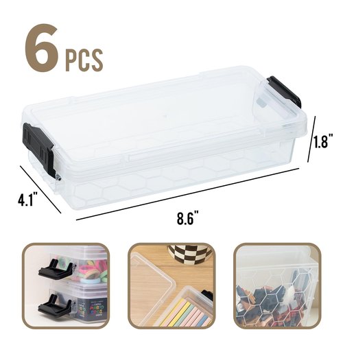 Bienvoun 6Pack Clear Pencil Box Plastic Storage Containers with Latching Lids Stackable Office Supplies Organizer for Gel Pens Erasers Crafts Markers Crayon