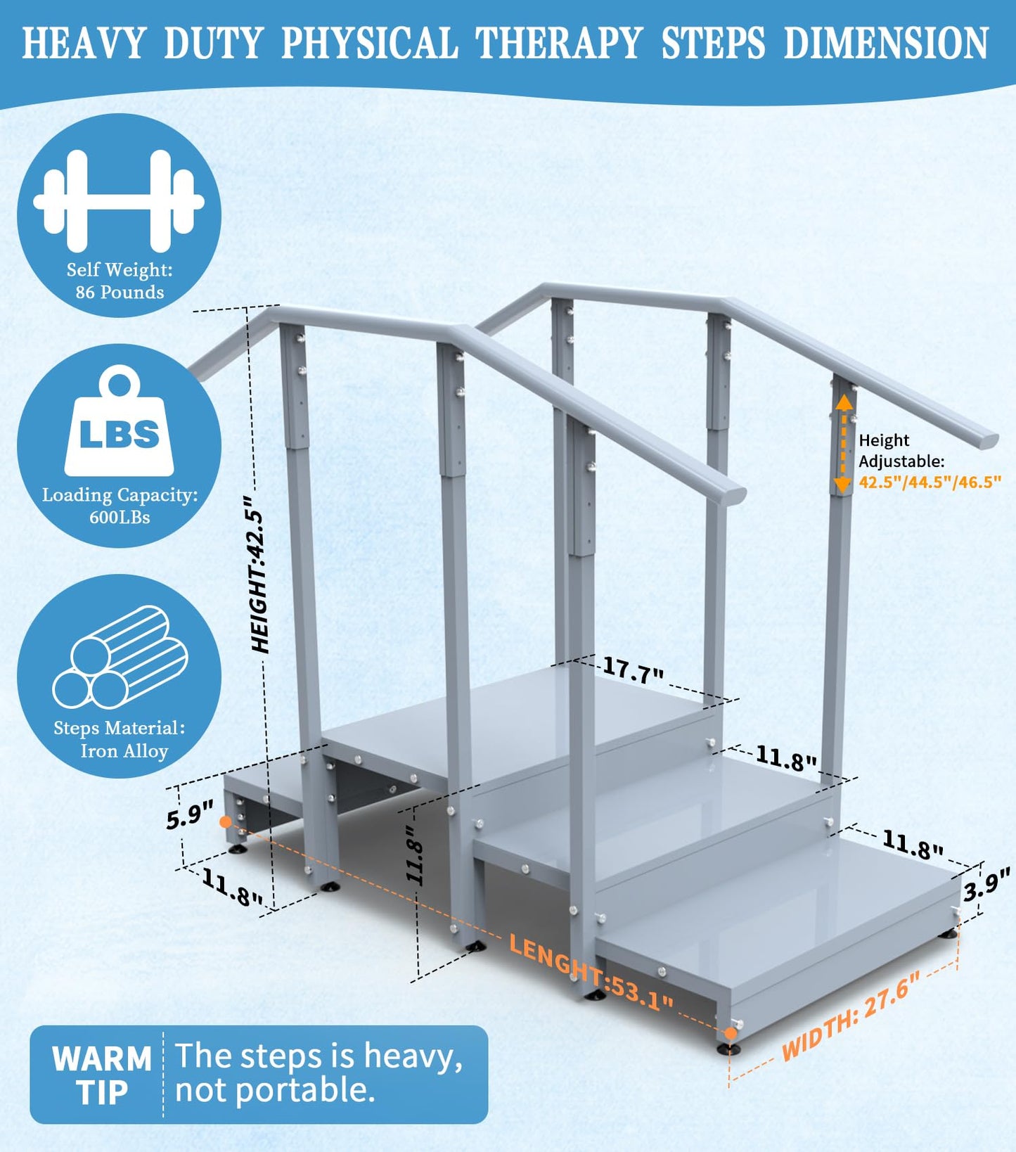 Up & Down Physical Therapy Step, Iron Alloy Therapy Stairs with Adjustable Handrails, Non-Slip Therapy Equipment for Home/Professional Rehabilitation Exercises(600LBs Capacity, Two Height Options)
