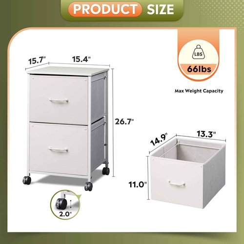 DEVAISE 2 Drawer Mobile File Cabinet, Rolling Printer Stand with Open Storage Shelf, Fabric Vertical Filing Cabinet fits A4 or Letter Size for Home Office, White