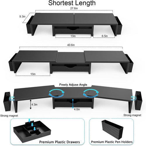gianotter Dual Monitor Stand Riser, Desk Organizer With Drawer and 2 Pen Holders, Computer Monitor Stand, Desk Shelf for Top of Desk, Balck