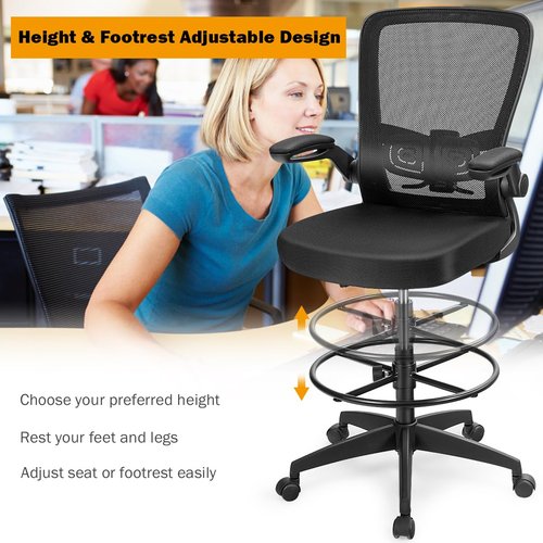 Giantex Drafting Chair, Ergonomic Tall Office Chair with Adjustable Lumbar Support & Footrest Ring, Executive Computer Standing Desk Chair with Flip-up Armrests, High Back Office Rolling Stool, Black