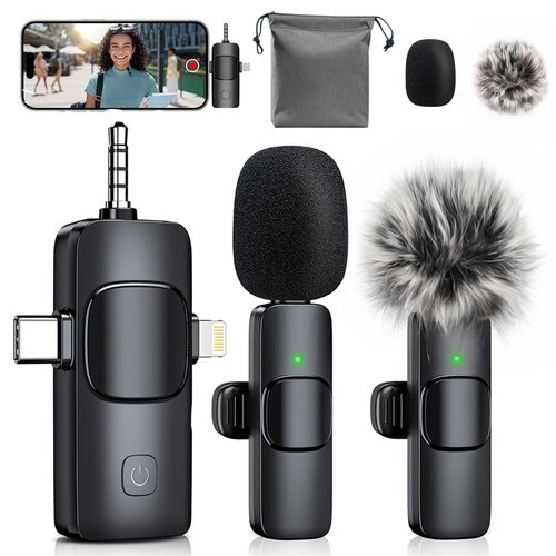 MENERESAS 3-in-1 Mini Microphone for iPhone: Wireless Lavalier Microphones for iOS/Android Devices/Camera - Noise Reduction Lapel Mic - Clip on Mic for Video Recording, Multifunctional