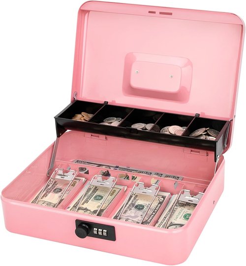 Jssmst Cash Box - Secure Pink Cash Box with Combination Lock & Money Tray | Large 11.8'' x 9.5'' x 3.5''
