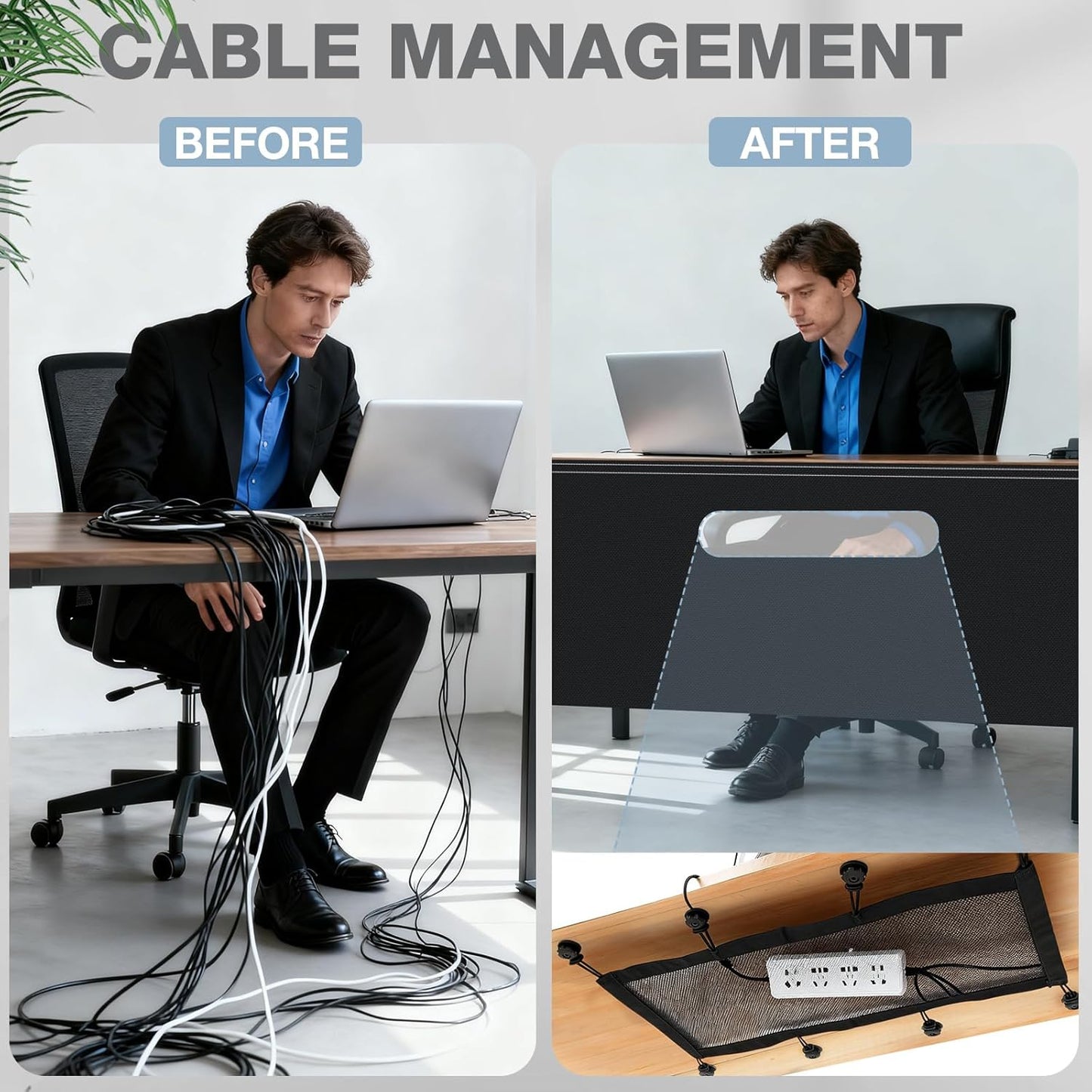 Tegeme 71'' Under Desk Privacy Panel - Self-Adhesive Modesty Panel with Cable Management | Black