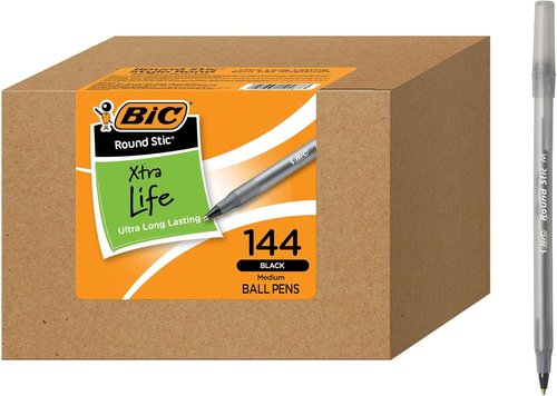 BIC Round Stic Xtra Life Ballpoint Pens - Ultra Long Lasting Black Ink | 144-Count Pack