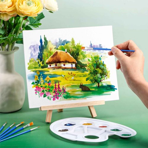 Zonon 120 Pcs Painting Set with Easels Includes 12 Wood Easels 24 Painting Canvas 72 Nylon Hair Brushes and 12 Plastic Palettes with Thumb Hole Art Painting Supplies Kit for Adults (7" X 9.5")