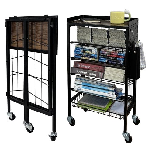 Lumizone Foldable Book Cart 6-Tier Large Capacity Bookshelf Single Sided V-Shaped Sloped Shelves With brake Wheels With PegBoard Slim Rolling Utility Cart Storage Rack, Home Shelves and Office (Black)