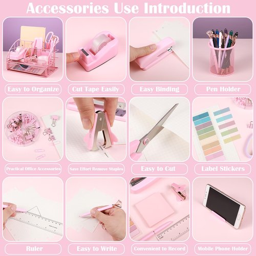 16 Pcs Pink Desk Organizers and Accessories, Pink Office Supplies for Desk Women with Stapler and Tape Dispenser Pen Holder Staples Staple Remover Ruler Scissors Tab Tape Pen Clips