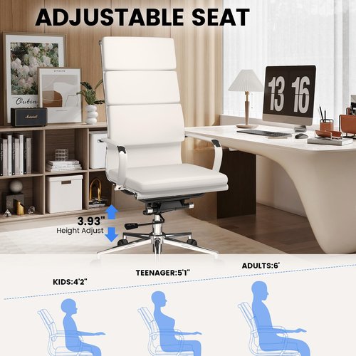 GTPOFFICE Ribbed Office Desk Chair High Back Ergonomic Chair with Wheels Cute Modern Executive Chair Bonded Leather Lumbar Support Computer Chair Swivel Tilt, Snow White