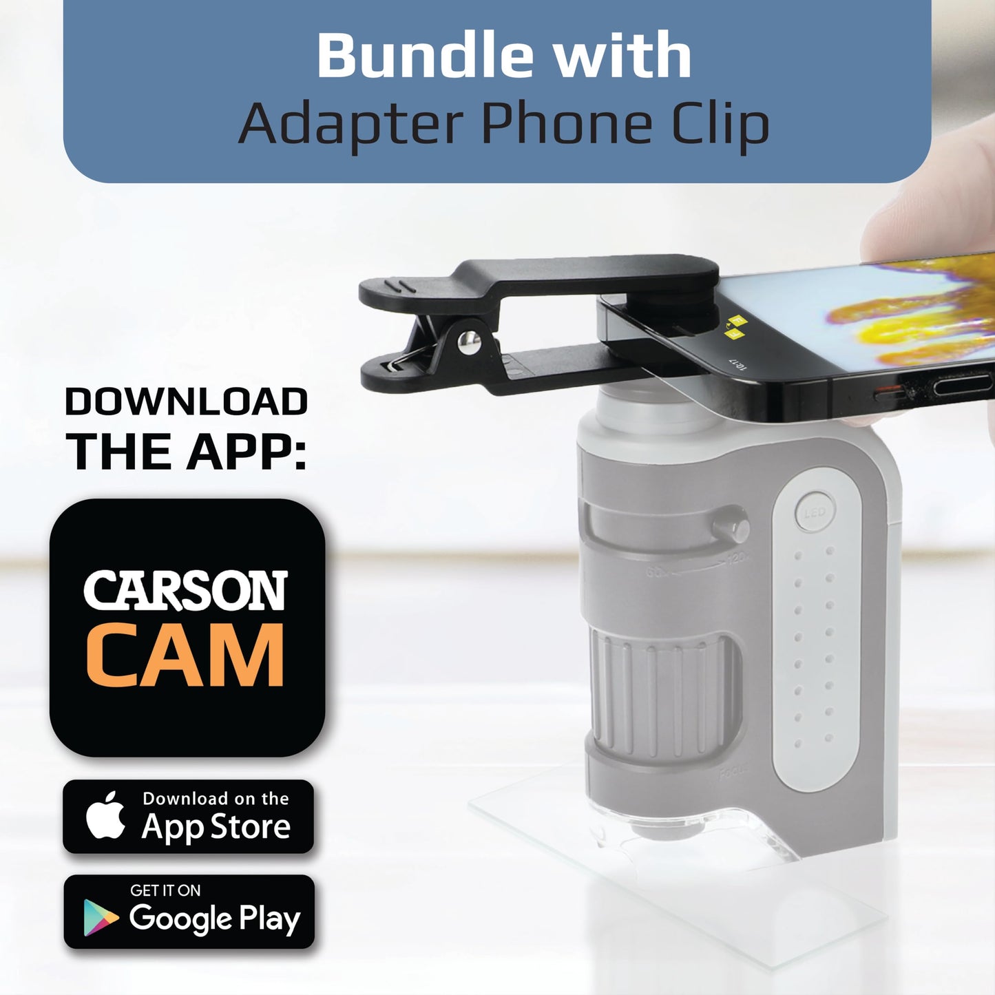 Carson Smartphone Digiscoping Adapter Clip for MicroBrite Plus 60x-120x LED Lighted Pocket Microscope with CarsonCam Phone App Converts into Powerful Handheld Digital Microscope (MM-310)