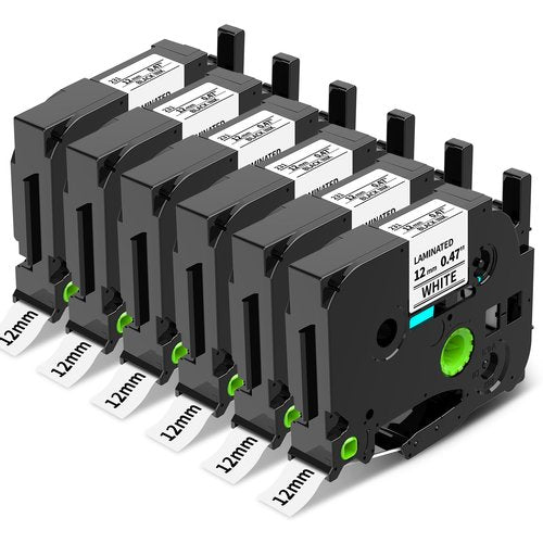 12mm 0.47 Laminated White Tape Replace for Brother Label Maker Tape TZe-231 Compatible with P-Touch TZ TZe 1/2" Black on White TZE231 for PT-D220 D210 H110 D200 D400 1280 D610BT Refills, 6-Pack