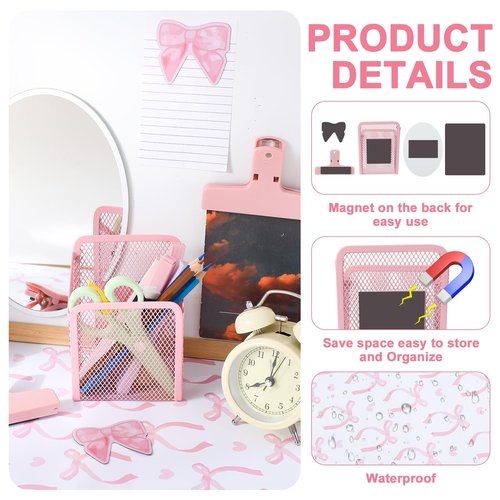 Newtay 14 Pcs Pink Locker Accessories Kit - Magnetic Locker Organizer Decorations with Bow Wallpaper, Mirror, Whiteboard, Dry Erase Pen, Pen Holder, Area Rug, Clips, Magnets for Dorm Office Gym