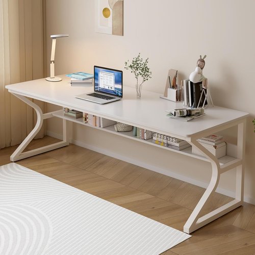 OSCHF Extra Long Desk - 71" Double Writing Table with Bookshelf for 2-Person Workstation | Modern Warm White