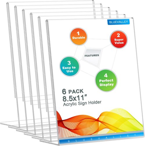 BlueValley Acrylic Sign Holder - 8.5 x 11 Vertical Clear Display Stand | Free-Standing Frame for Flyers, Menus, and Documents - 6-Pack