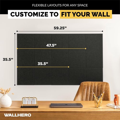 WALLHERO Large Cork Board for Wall 59" x 36", Black Bulletin Board | 15 Pack Felt Wall Tiles | Cork Boards for Office Pin Board Tack Board Cork Boards