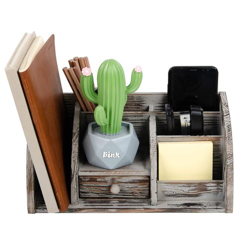 Liry Products Torched Brown Wood Desktop Organizer Multiple Compartments Stepped Rack Drawer Shelf Vintage Whitewash Table Storage Cabinet Stationery Holder Office Accessory Supplies Caddy Sorter Home