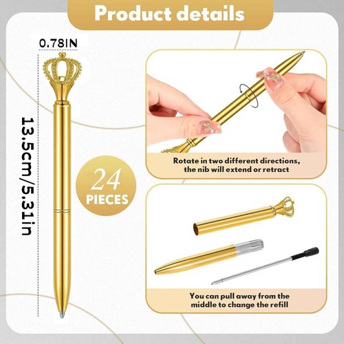 WAYTOSUC 24PCS Ballpoint Pens Set Bling Wedding Anniversary Crystal Metal Ballpoint Pens Fancy Pens Birthday Bridal Shower Return Gifts for Women Girls School Office Supplies (Gold Crown Pen,24)