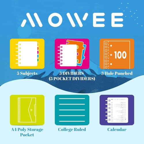 MOWEE 5 Subject Notebook, 3 Pack College Ruled Notebook with Storage Divider Pockets, Index Tabs, 11" Ruler, 200 Pages, for School, Business, Office Supplies, 8.1''x11.7''（Black Red Blue