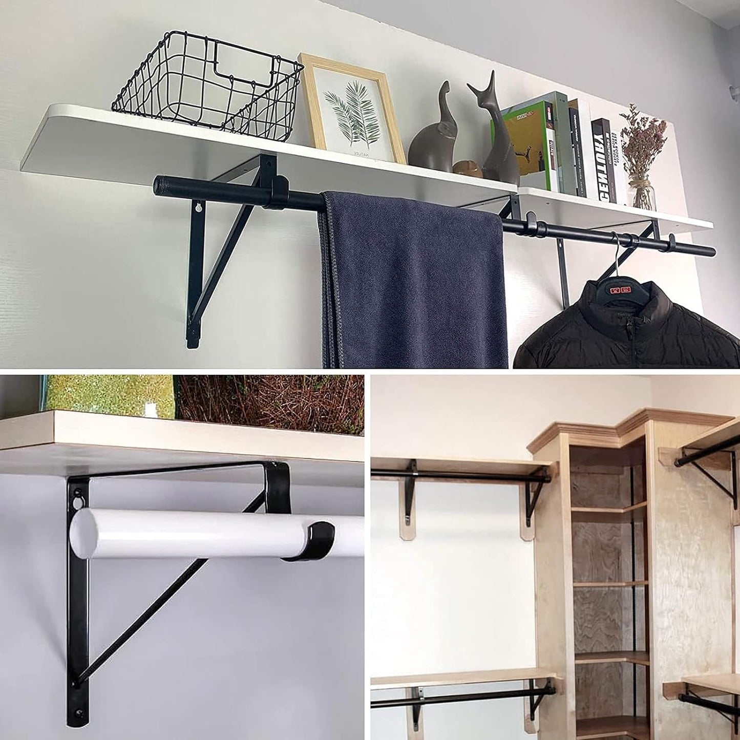 10PCS Heavy Duty Closet Rod Bracket, 11 x 11 Inch Closet Shelf Brackets,Supports 300 lbs,Wall Mount Closet Rod Supports Bracket Hook with Screws, Closet Rod Holders for Home and Closet Decor(Black)