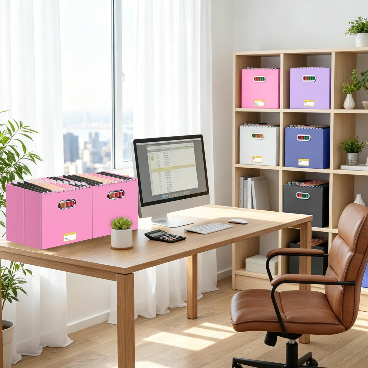 BALEINE File Organizer Box, Cardboard File Folder Organizer with Handle for Letter Size, Portable Collapsible Hanging Filing Box for Home Office Document Storage (4 Pack, Large Pink)