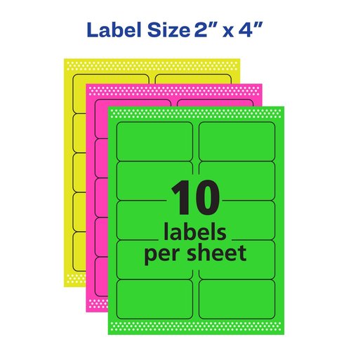 Avery Printable Shipping Labels with Sure Feed, 2" x 4", Assorted Neon (Magenta, Green and Yellow), 1,000 Blank Mailing Labels (5964)