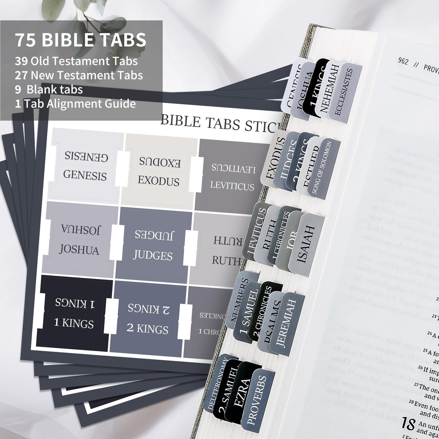 Bible Tabs for Women & Men, Bible Tabs for Study Bible, Large Print Bible Tabs for Easy Navigation, Bible Index Tabs, 66 Tabs Old & New Testament, Extra 9 Blank Tabs - Gray