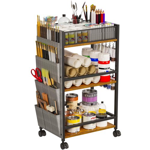 3 Tier Rolling Craft Cart & Art Cart | Side Partitioned Paint Brush Holder | Art Supply Storage Organizer with Wheels | Rolling Storage Cart for Standing Desk, Drawing & Craft Room, DIY Workshop,Gift