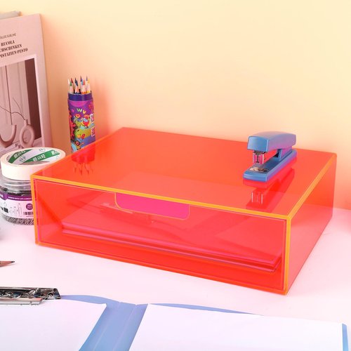 Gelite Acrylic Desk Organizer with Drawer for Makeup Vanity Stackable Desktop Storage Box for Office Supplies, 13.8 x 9.8 x 3.9’’, Neon Pink