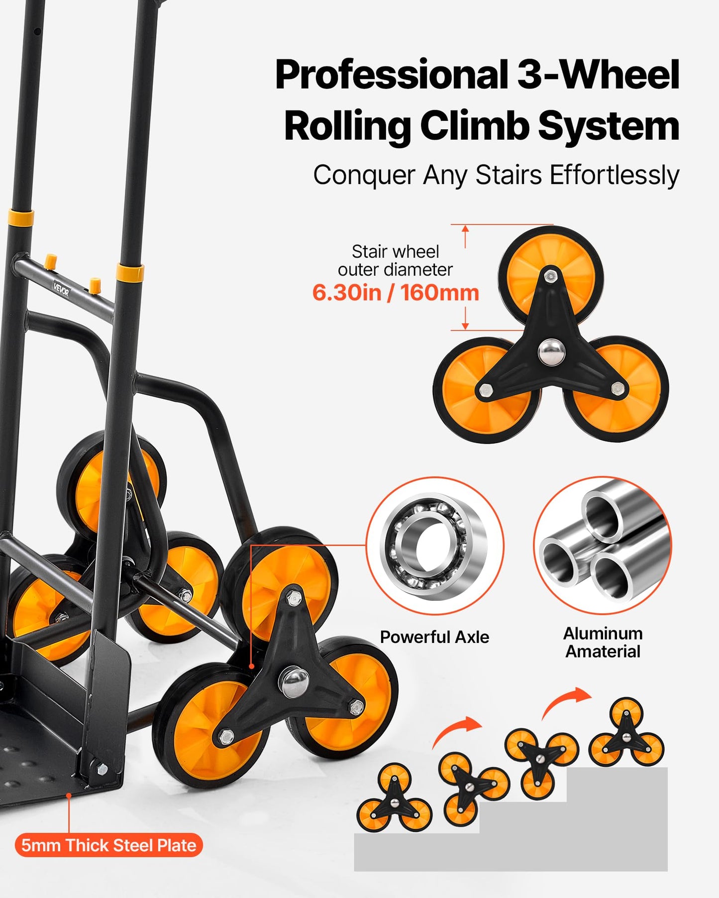 VEVOR Stair Climbing Cart, 770 lbs Stair-Climbing Capacity, Heavy-Duty Folding Trolley Cart with Telescoping Handle, 6 Wheels and 2 Bungee Cords, Stair Climber Dolly for Home, Groceries, Warehouse