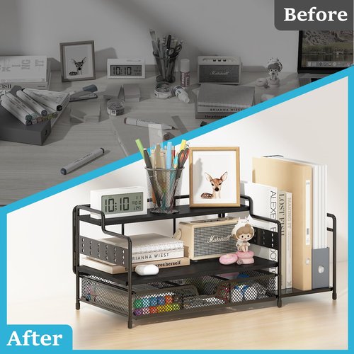 bukfen Office Desk Organizer with Upright File Holder, 2-Tier Office Desktop Shelf and one Sliding Drawer, Desk File Organizer and Storage Multi-Functional for School, Home,Black
